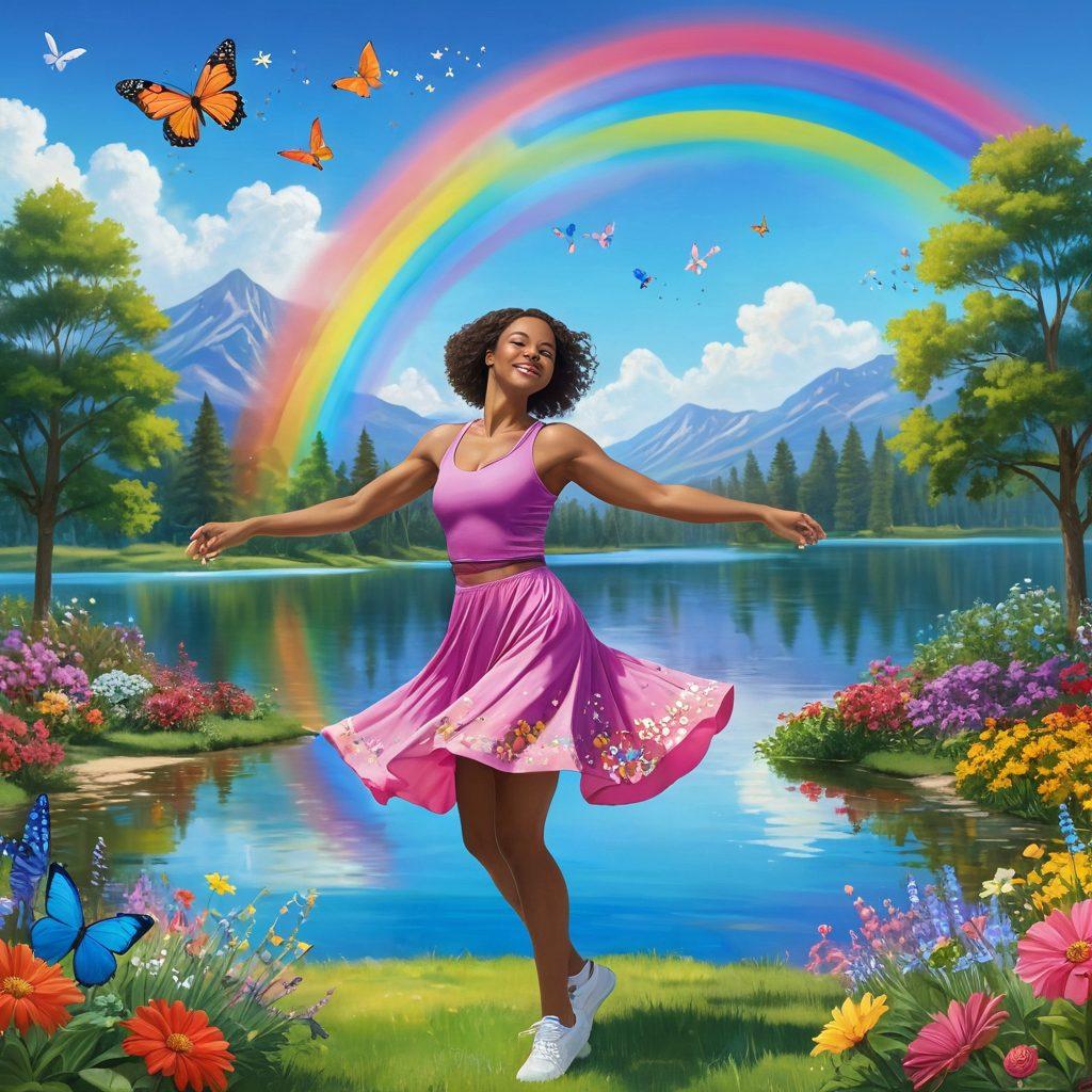 A vibrant, colorful journey scene featuring a confident person joyfully dancing in a sunlit park, surrounded by blooming flowers and butterflies. The backdrop has a whimsical rainbow arching over a serene lake, symbolizing transformation and self-love. The character showcases a curvy figure, radiating happiness and empowerment, while wearing stylish workout gear. Elements like sparkling stars and delicate hearts float in the background to enhance the sense of joy. bright colors. playful, artistic style.