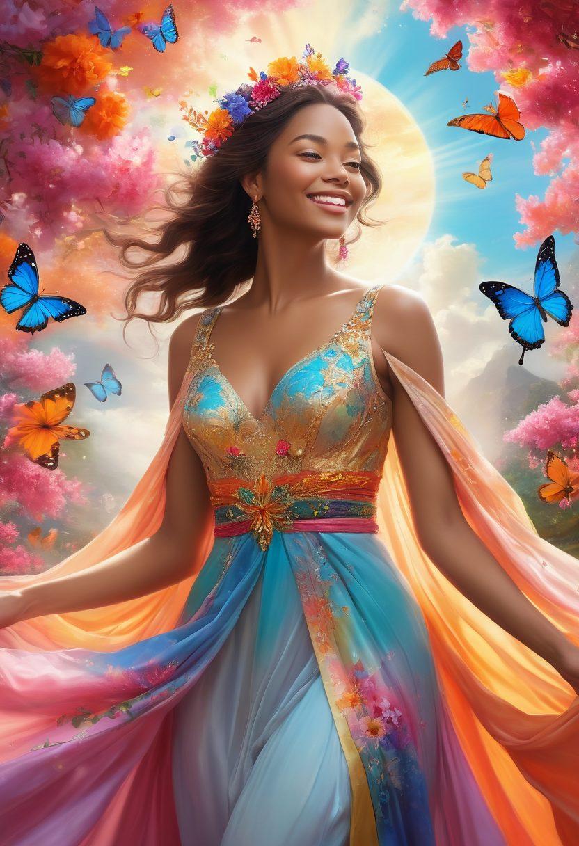 A radiant empress adorned in a flowing gown of vibrant colors, surrounded by blooming flowers and sparkling butterflies, embodying joy and positivity. The background should feature a bright sunlit sky with soft, fluffy clouds, symbolizing hope and happiness. The empress's smile should be infectious, and she should be reaching out as if inviting viewers to join her joyful journey. Elements of nature should enhance the scene, creating a harmonious and uplifting atmosphere. super-realistic. vibrant colors. whimsical.